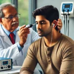 DALL·E 2024 11 06 22.09.46 An Indian person undergoing a tympanometry test in a clinical setting. The person is sitting calmly while a healthcare professional operates a tympano